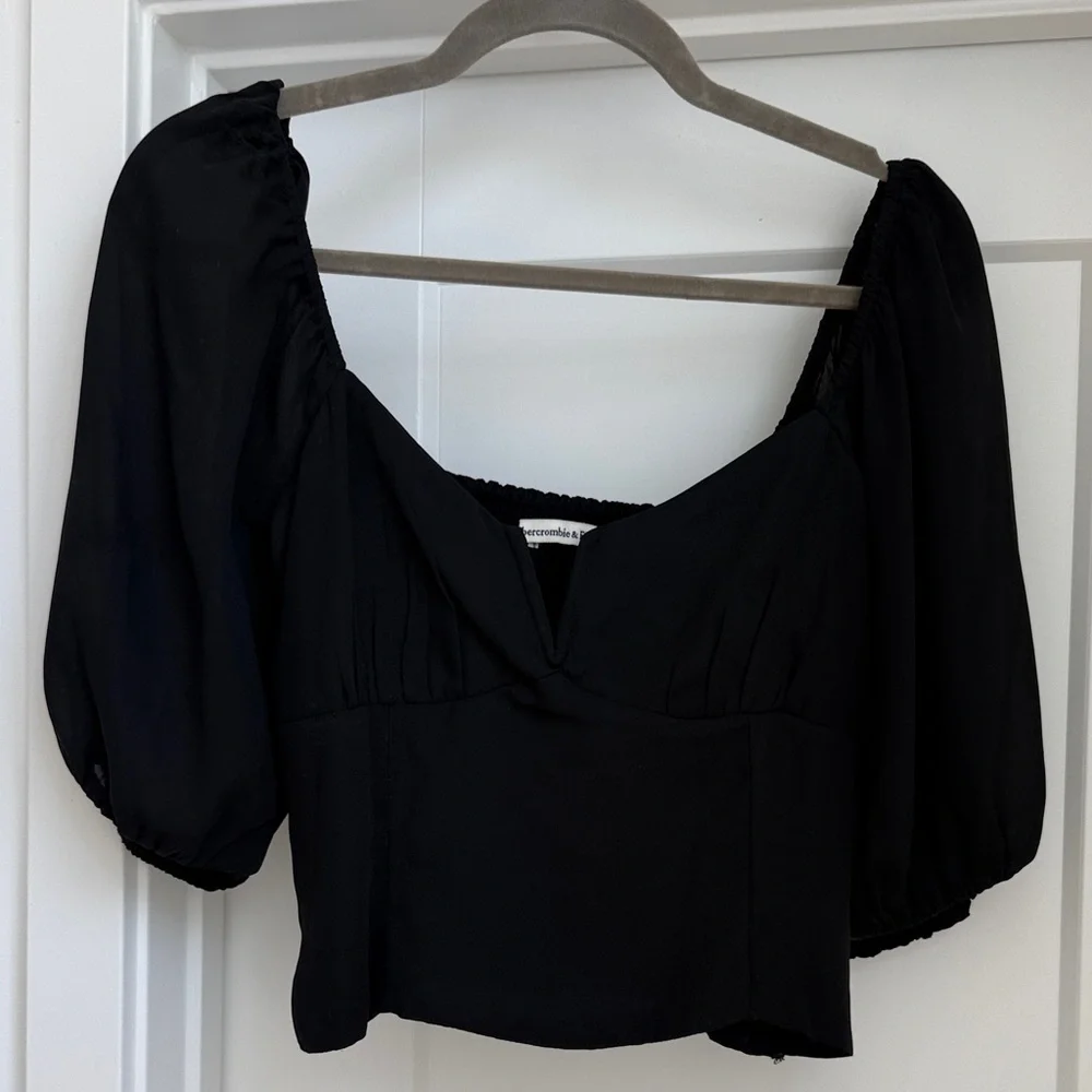 Abercrombie & Fitch Black Puff-Sleeve Square Neck Blouse
